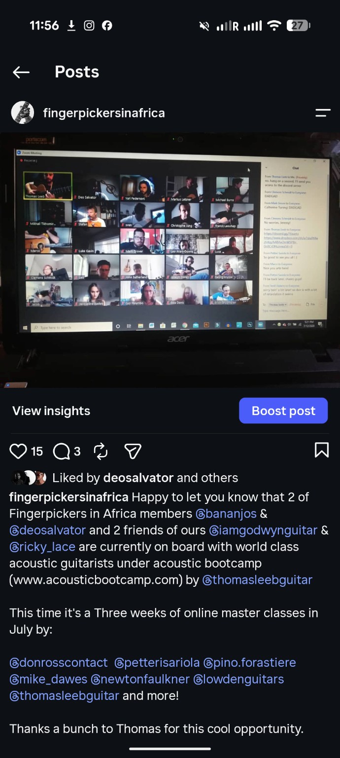 Instagram archival post confirming Fingerpickers in Africa members and friends attended Thomas Leeb Acoustic Bootcamp